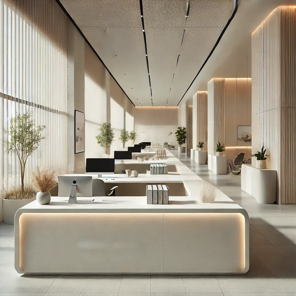 DALL·E 2024 10 17 01.12.46 A modern office space in Esfahan featuring Corian countertops for reception desks work desks and wall panels. The design is minimalistic with light - صفحه اصلی