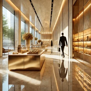 مشتری وارد فروشگاه لوکس با طراحی داخلی کورین میشود.