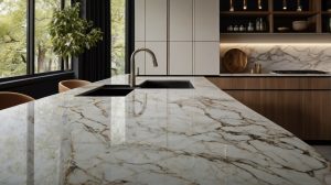 صفحه کابینت کوارتز با طراحی مدرن، سطحی براق، مقاوم در برابر لکه و خط و خش، ایدهآل برای آشپزخانههای لوکس در اصفهان.