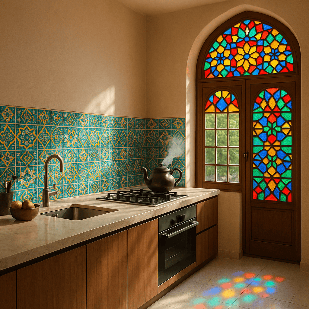 آشپزخانهای مدرن در اصفهان با کانتر کورین مرمری گرم و دیوار کاشی سنتی فیروزهای، ترکیبی از سبک سنتی و طراحی روز