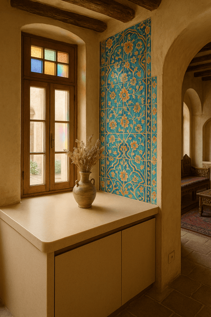 کانتر کورین بژ گرم در خانهای سنتی در جلفای اصفهان، در کنار کاشیهای فیروزهای و پنجره ارسی