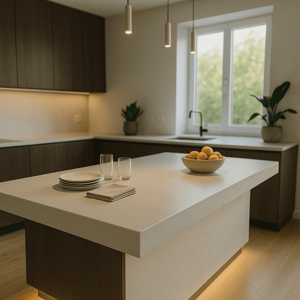 جزیره کورین خاکستری با نوار LED گرم در آشپزخانهای مدرن در اصفهان، با کابینت چوبی تیره