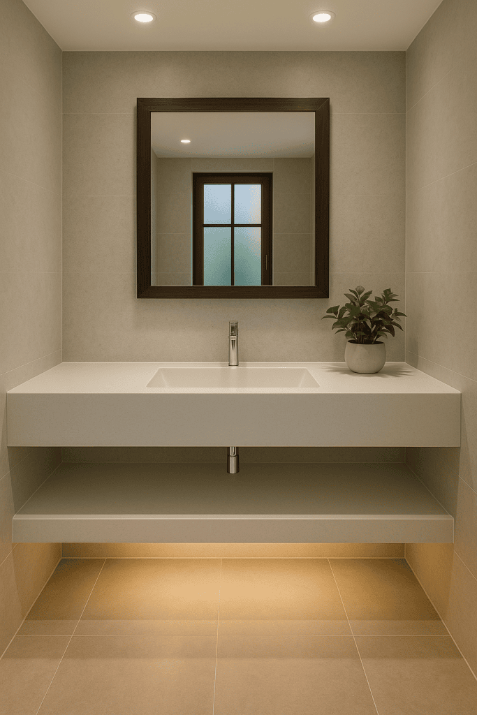 حمامی مدرن با روشویی کورین سفید یکپارچه و نور مخفی، مناسب برای دکوراسیون داخلی اصفهان