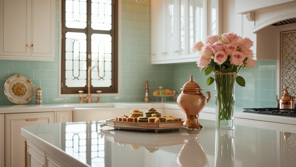 متن جایگزین (Alt Text): آشپزخانه مدرن در اصفهان با صفحه کابینت کورین سفید درخشان و زنی که سینی گز و سماور سنتی را مرتب میکند.