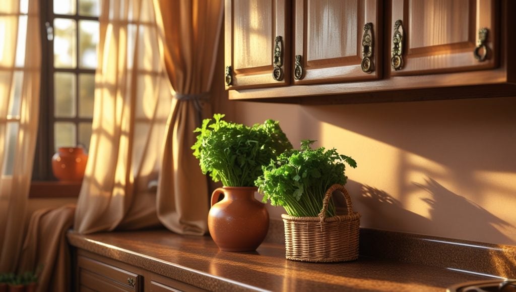 صفحه کابینت کورین قهوهای گرم در آشپزخانه سنتی و دنج در اصفهان